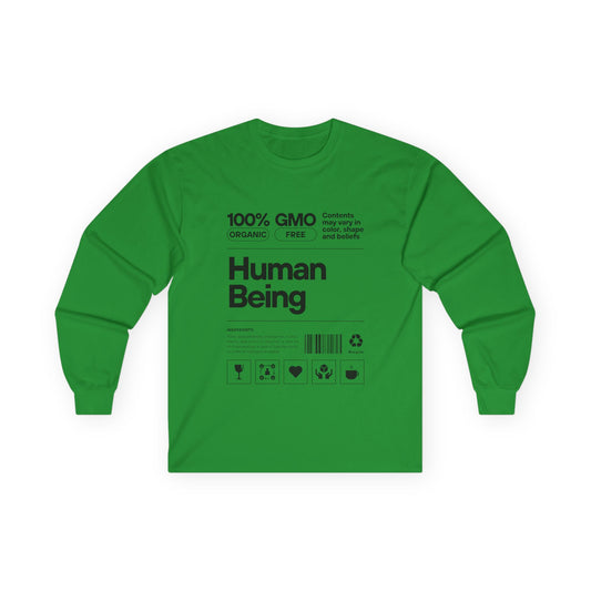 Organic Cotton Long Sleeve Tee: Fun Human Being Graphic Shirt, Eco-Friendly Gift, Casual Wear, Conscious Apparel, Unisex Fashion